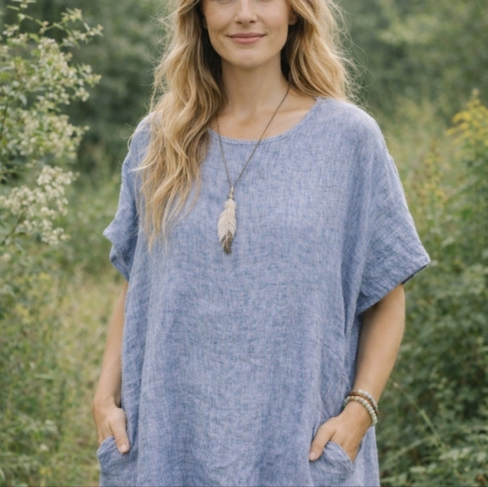 Bryn Walker Mara Light Blue Linen Swing Tunic Size Small Pockets